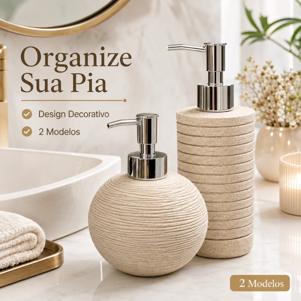 Dispenser de Sabonete Líquido Texturizado, Porta Sabonete Líquido para Banheiro e Lavabo Bege com Válvula Cromada