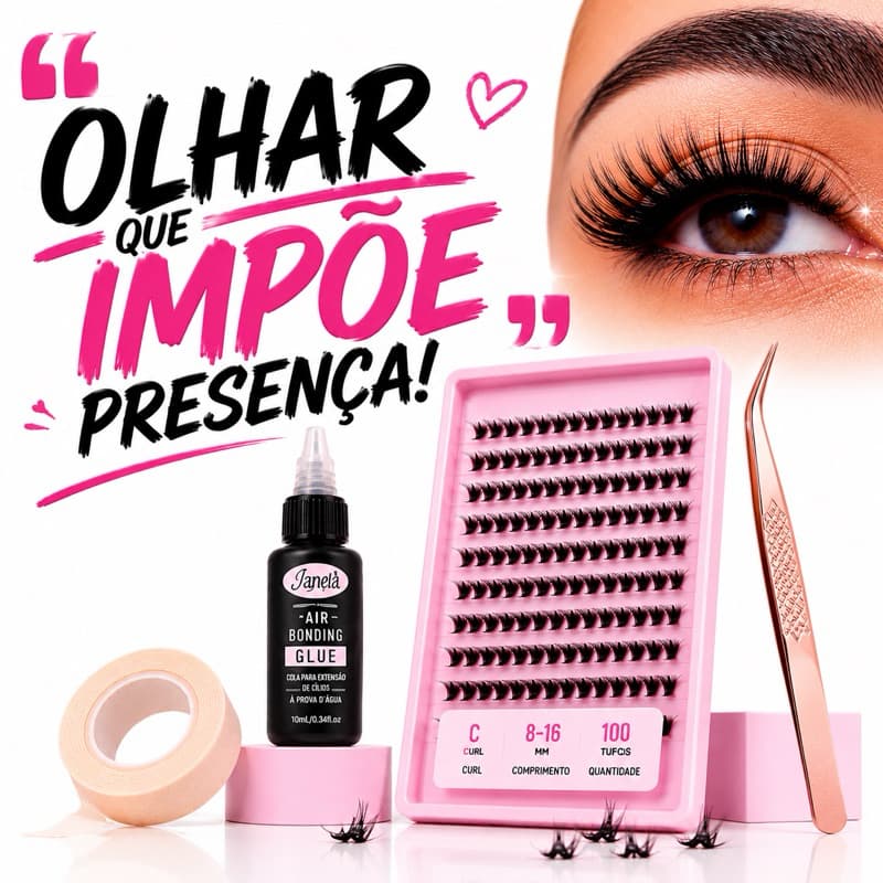 Kit Extensão de Cílios em Casa Completo com Cola Lanell + Cílios em Tufo + Pinça + Micropore | Efeito Natural e Volumoso