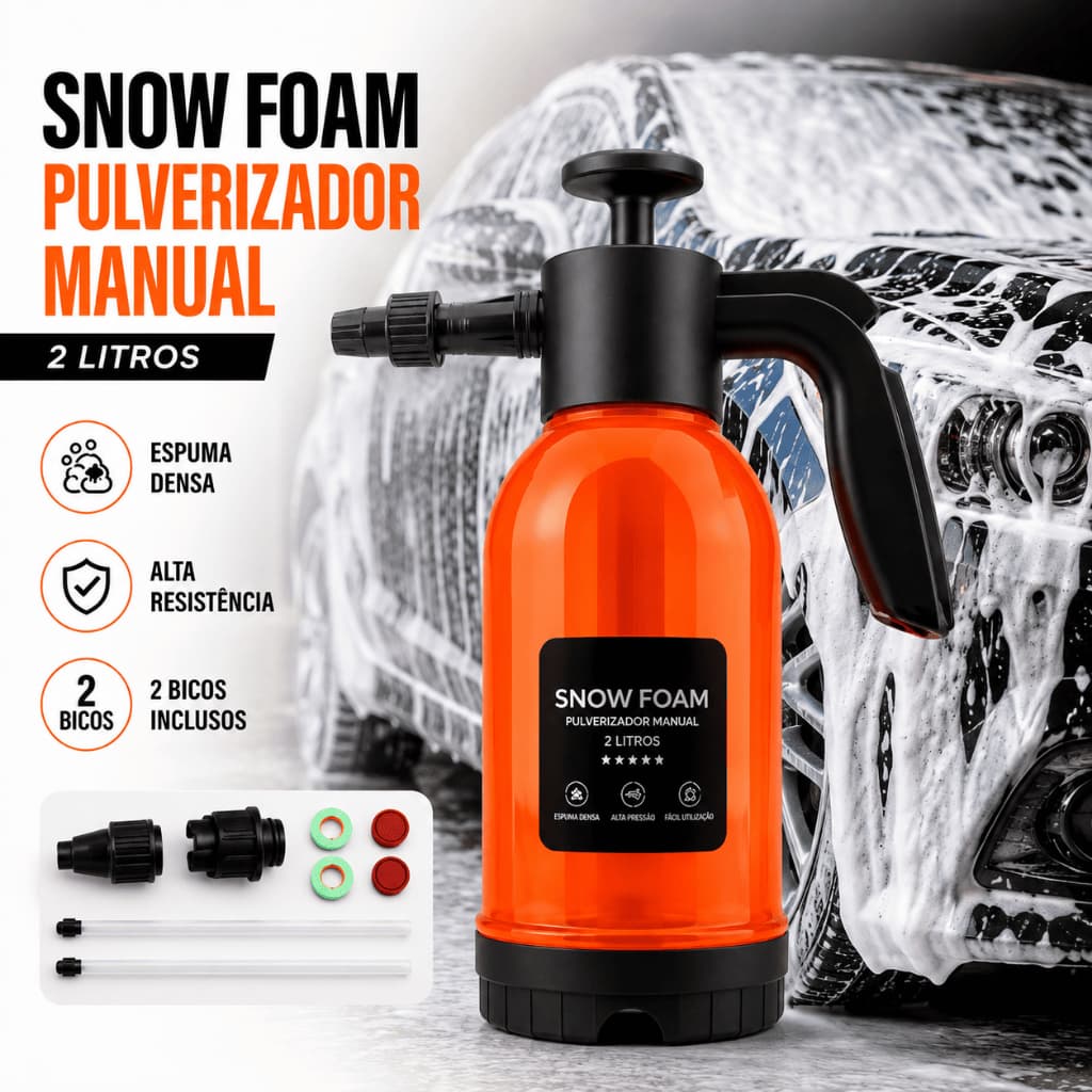 Pulverizador Snow Foam Manual 2L Profissional 3 em 1 com 2 Bicos para Lavagem Automotiva e Espuma Densa