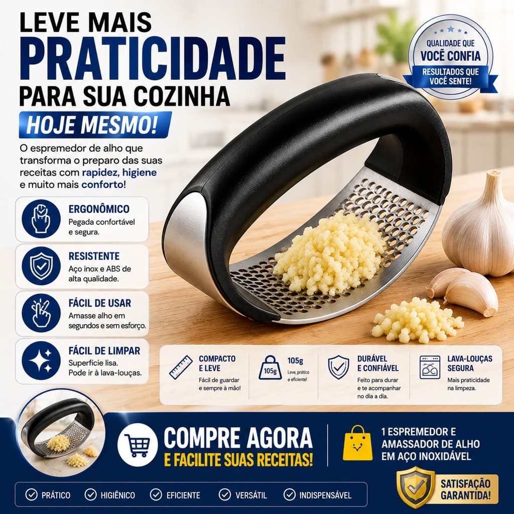 Espremedor de Alho Inox Manual Tipo Gangorra Amassador Triturador Ergonômico para Cozinha