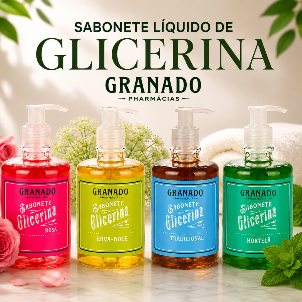 Sabonete Líquido de Glicerina Granado - 300ml - Tradicional, Erva Doce, Odor de Rosas e Hortelã.