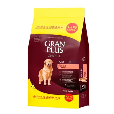 Ração para Cães Adultos Gran Plus Choice 15kg + 1,5kg de Brinde - Frango e Carne, Nutrição Completa