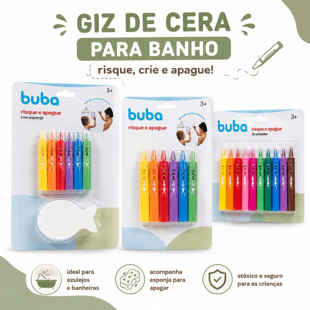Risque e Apague Lapis Giz De Cera Para Banho Infantil Buba