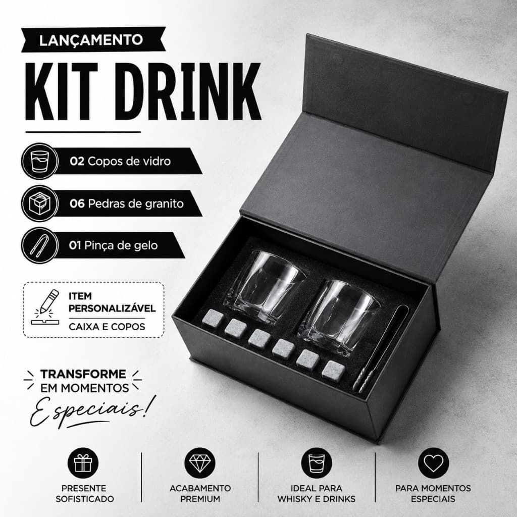 Kit Whisky Premium Presente Padrinhos Casamento Gravados a Laser Com 2 Copos Pedras Gelo Reutilizável