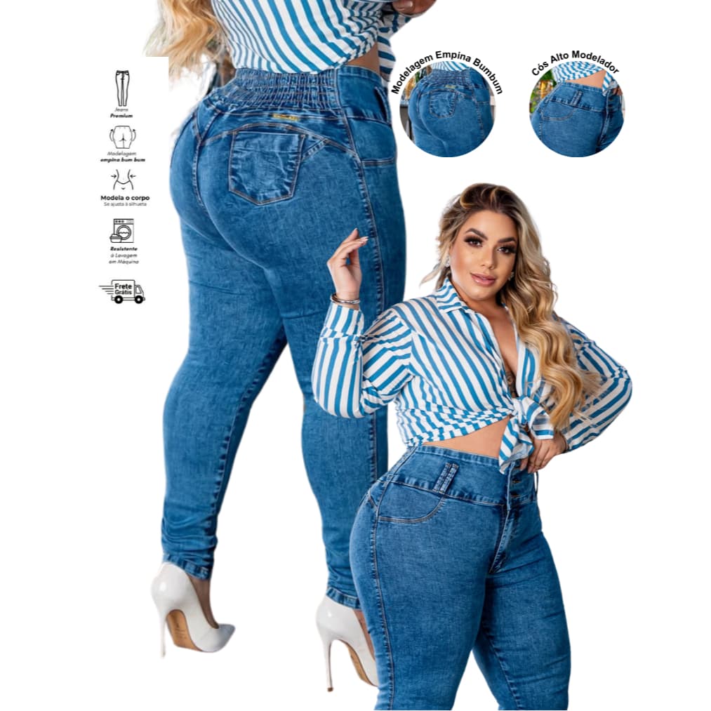 CALÇA JEANS FEMININA CHIC LADY  PLUS SIZE MARMORIZADO EMPINA BUMBUM CÓS ALTO COM ELASTANO PREMIUM