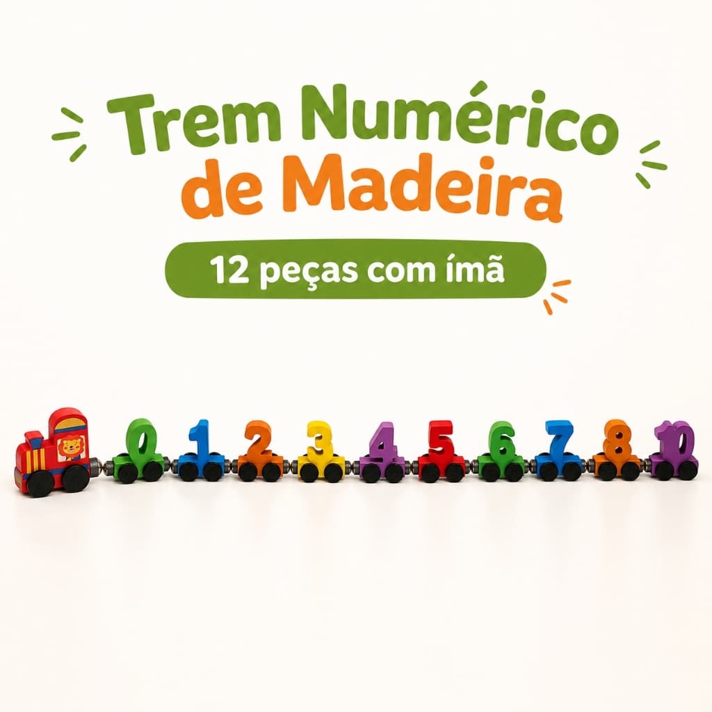 Trem Magnético de Madeira 0 a 10 com 12 Peças Brinquedo Educativo Infantil Números Cores +3 Anos