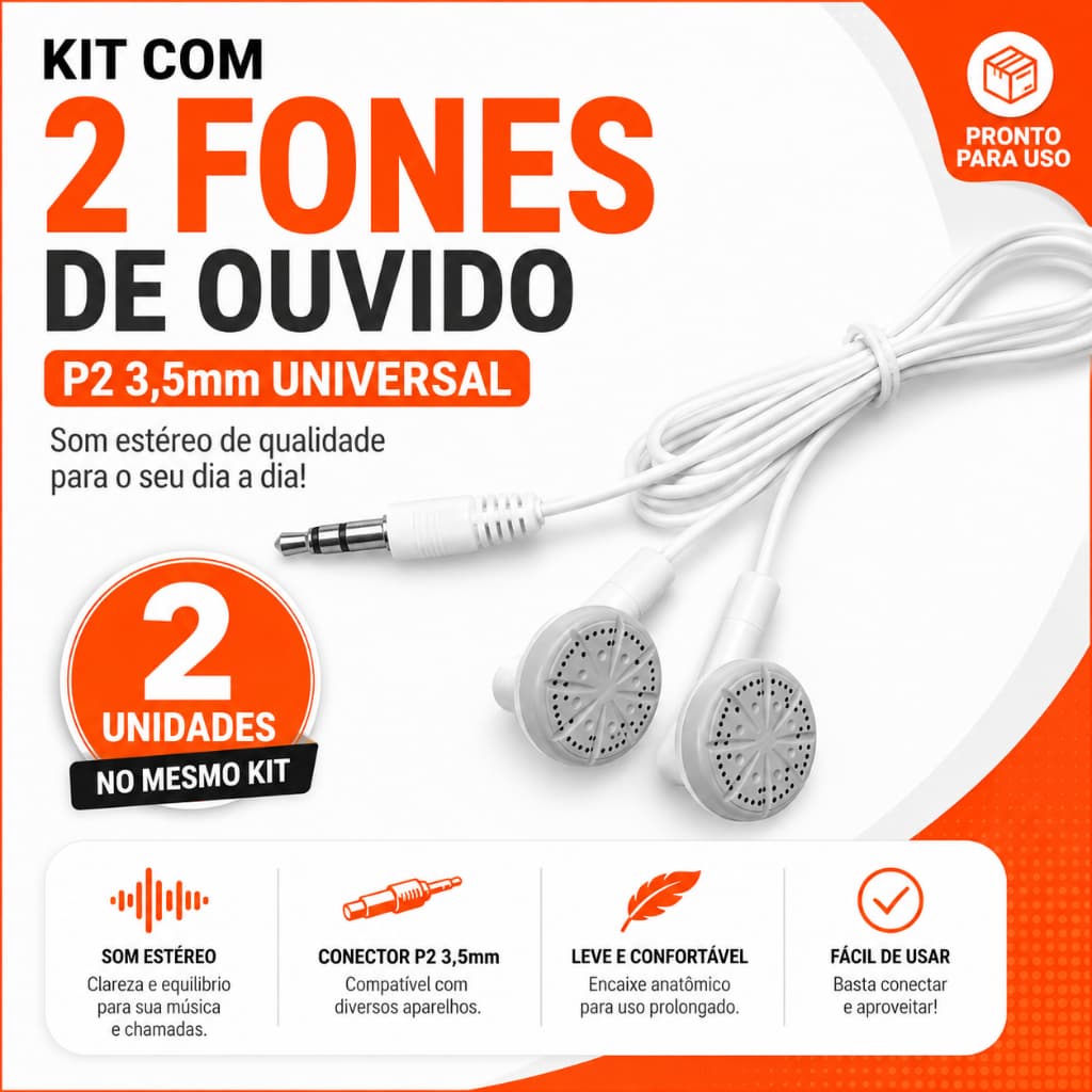 Kit 2 Fones de Ouvido com Fio P2 3.5mm Universal Estéreo Intra Auricular para Celular Notebook