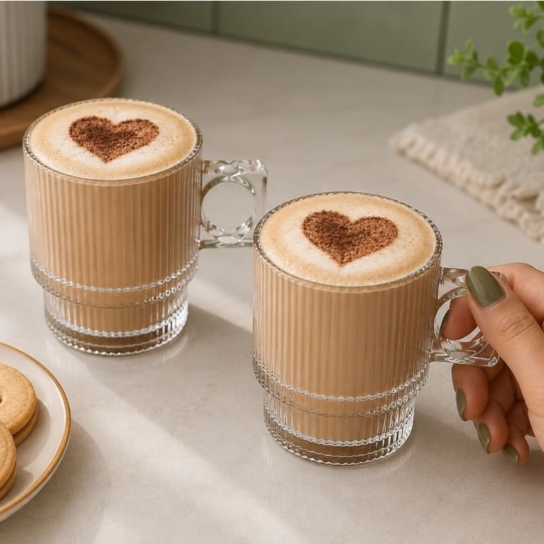 Kit até 8 Canecas De Vidro 350ml Com Alça Transparente Estriada Canelada Para Cafe Cappuccino Cha