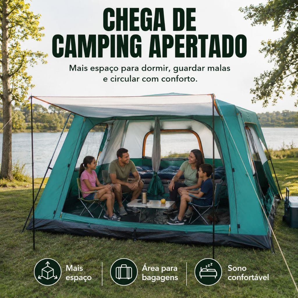 Barraca de Acampamento Familiar Grande 420x300x200cm com Divisão de Quartos e Sala