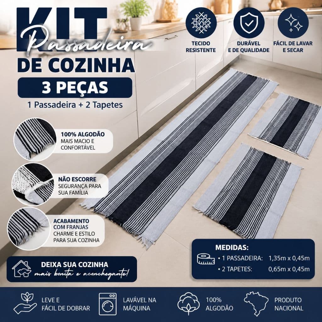 Kit Cozinha 3 Peças Passadeira Lisa e Confortável 100% Algodão Promoção Qualidade