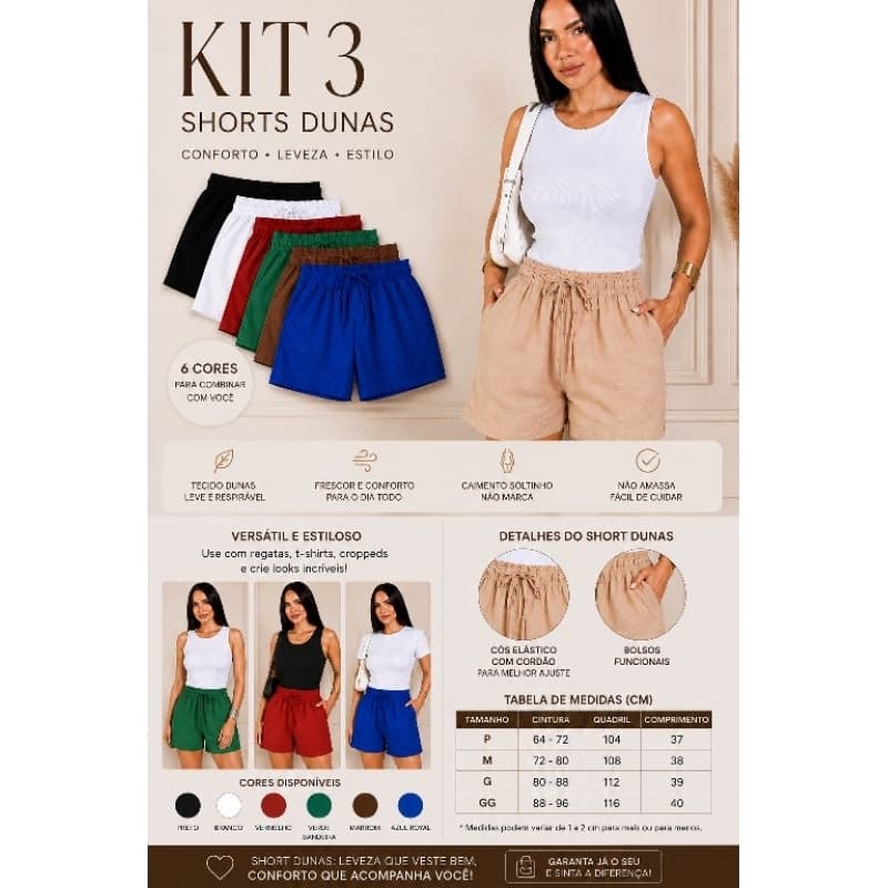 kit 3 Shorts Dunas verão Feminino Casual Soltinho com bolsos