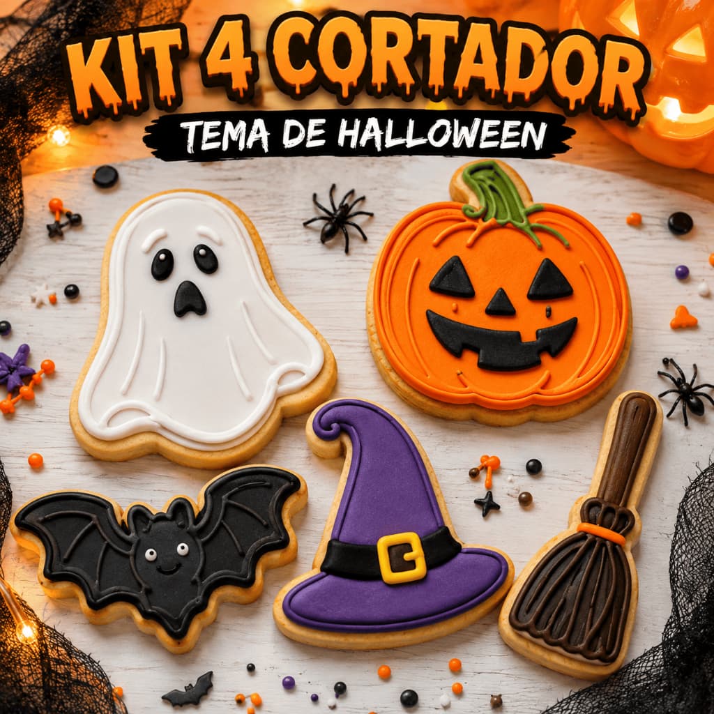 Kit 5 Cortador Biscoito Halloween Marcador Carimbo Dia das Bruxas Molde Massa Pasta Americana Confeitaria