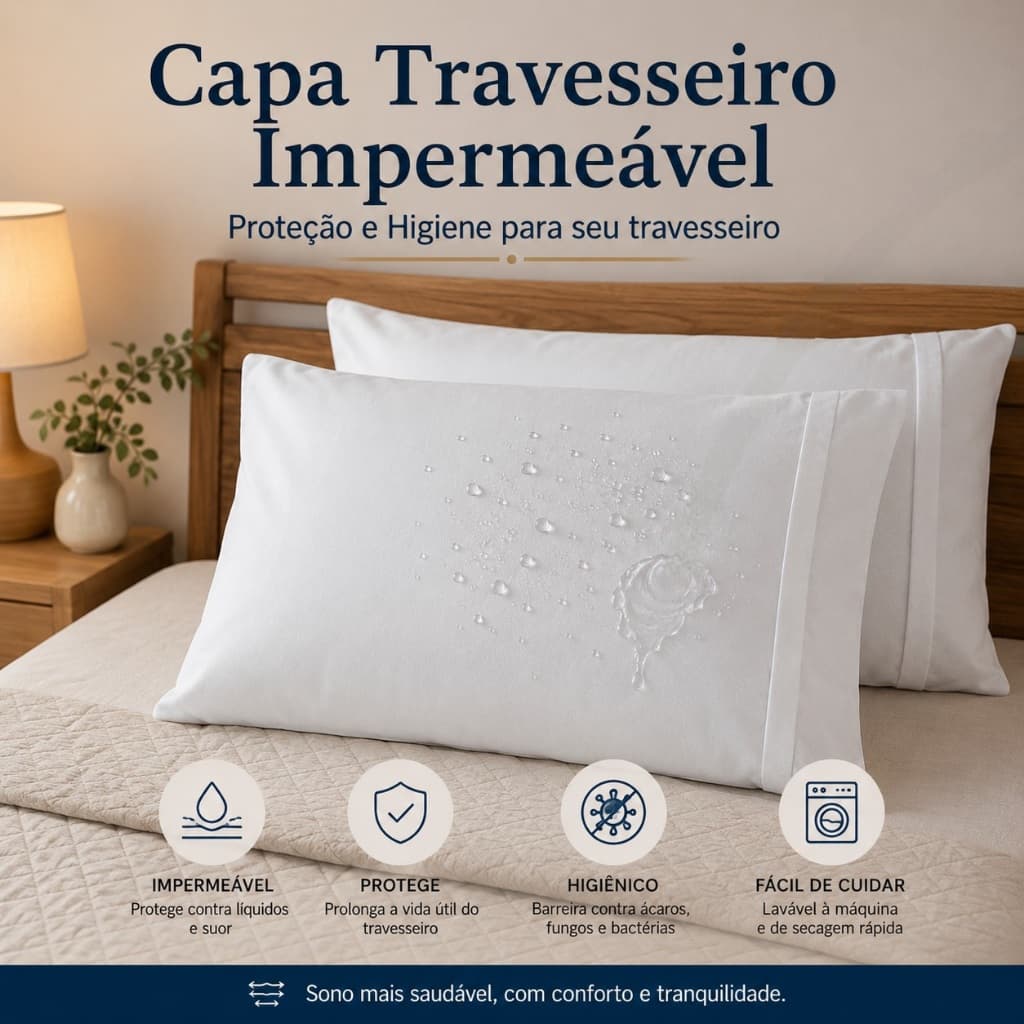 Kit Capa Protetora Impermeável Para Travesseiro 70cm x 50 cm com Zíper Lavável Com Forro antialérgico