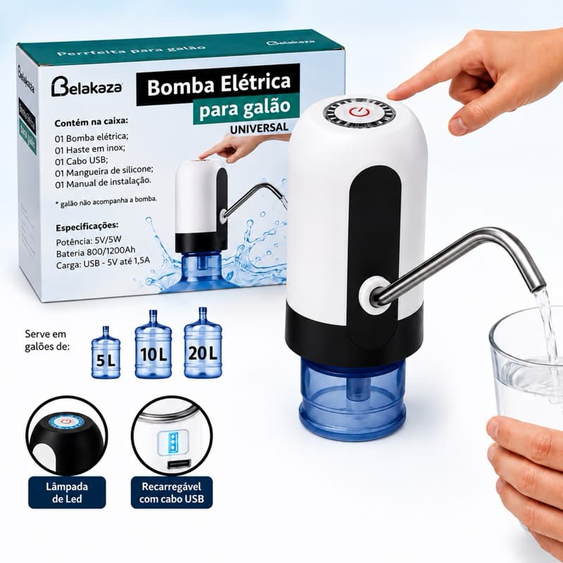Bomba Elétrica para Galão de Água 5L 10L 20L Recarregável USB Automática com LED Universal