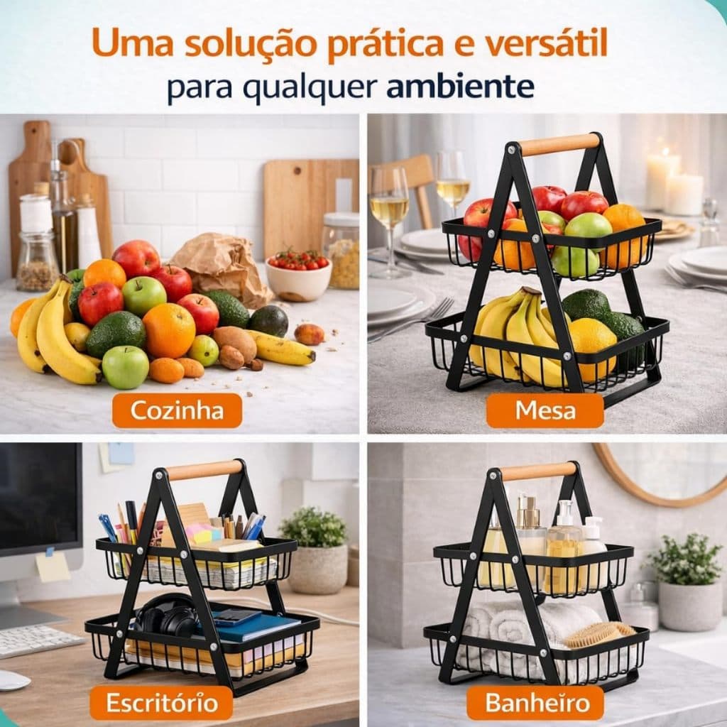Fruteira de Mesa 2 Andares Cestos de Metal Aramado Removivel Preta com Alça de Madeira Cesto Organizador Cozinha