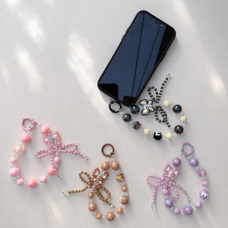 Cordão para Celular Luxo Feminino com Miçangas e Borboleta | Chaveiro Alça para Capinha de Telefone