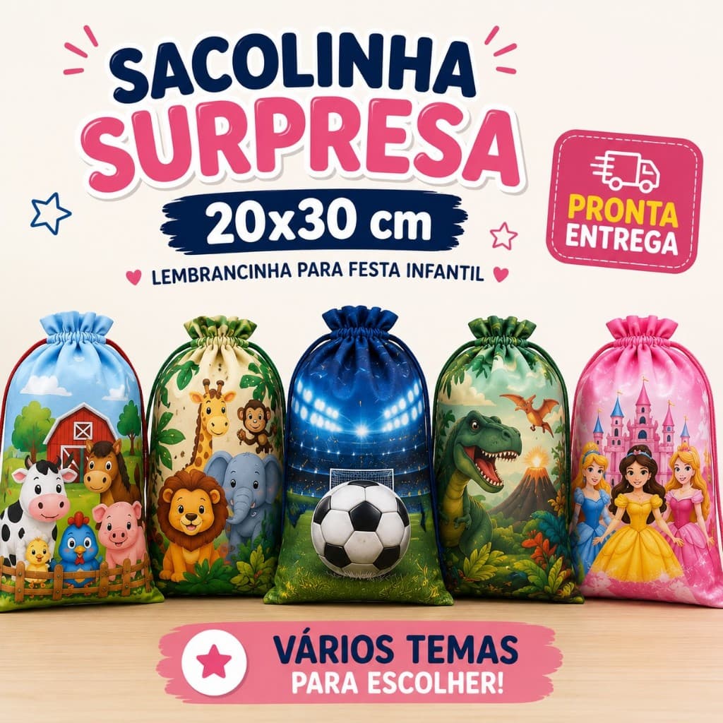 Sacolinha Surpresa 20x30 Lembrancinha Aniversário Festa Infantil Pronta Entrega Vários Temas