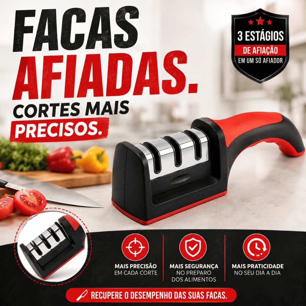 Afiador de Facas 3 Estágios em Aço Inox com Base Antiderrapante para Cozinha
