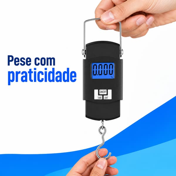 Balança Digital Portátil de Gancho até 50 kg com Visor LCD, Função Tara e Unidades para Mala, Bagagem, Pesca e Viagem