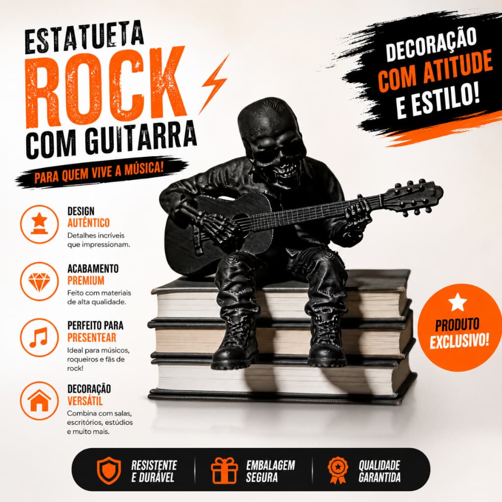 Estatueta Músico Rock com Guitarra Decoração Mesa Enfeite Rock and Roll