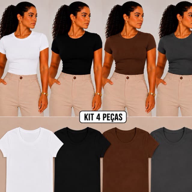 Kit 4 Blusa Baby Tee Feminina Academia Manga Curta Malha Romantic Premium Básica P ao GG