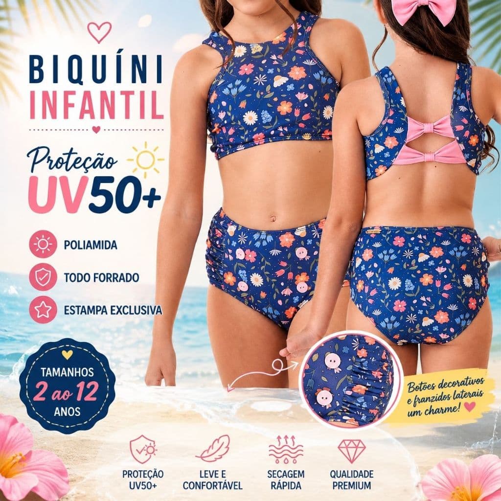 Biquini Infantil Menina I Proteção UV50+ I Todo Forrado I Confortável e Seguro para Praia e Piscina
