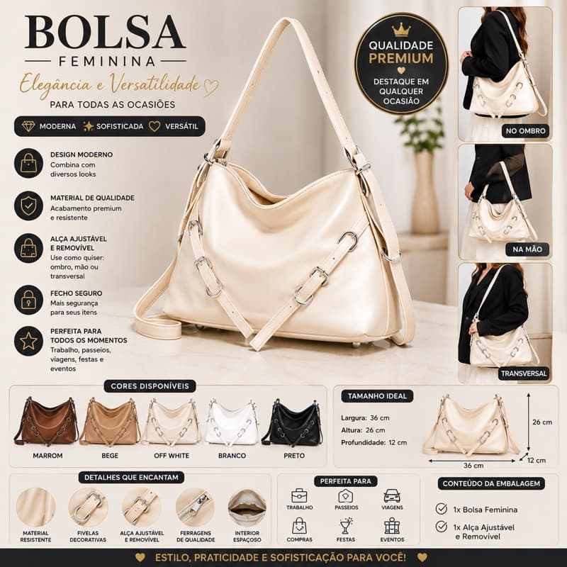 Bolsa Feminina Grande de Ombro Hobo Casual com Alça Ajustável e Detalhes Metálicos 0825