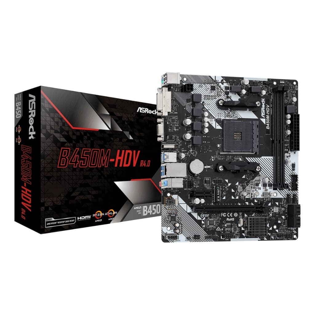 Placa Mãe AM4 B450M ASRock B450M-HDV R4.0 DDR4 M.2 NVMe HDMI DVI VGA Rede Gigabit Ryzen 2000 3000 4000 5000