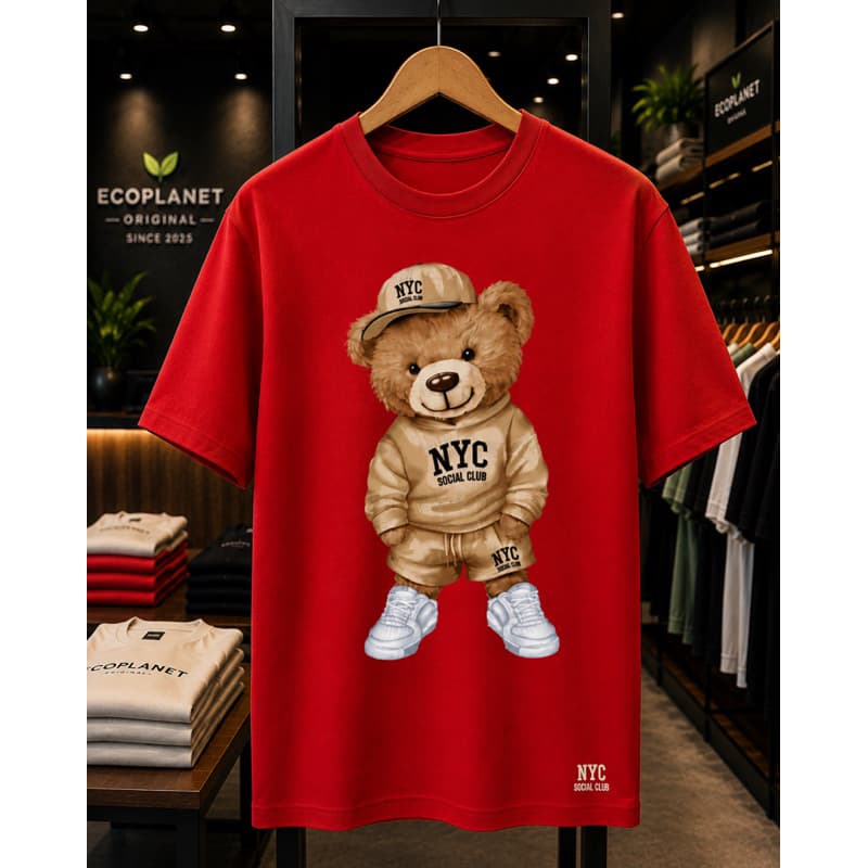 Camiseta Estampada Urso NYC modinha T-Shirt 100% Algodão Feminino Unissex