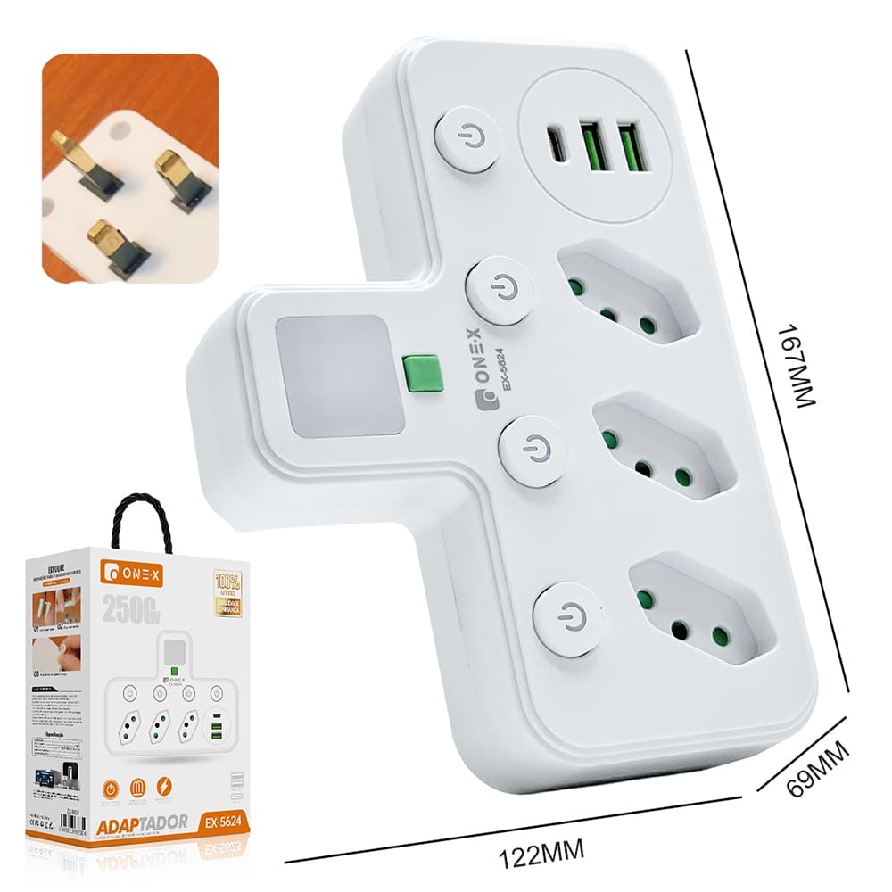 Adaptador Tomada 10A 2500W USB-C Tipo-C Bivolt Para Casa Escritório