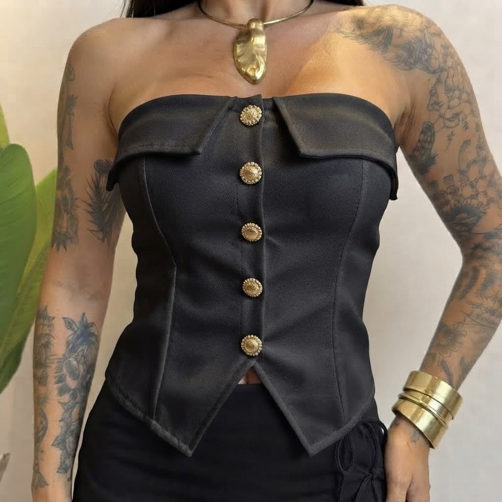 Top Cropped Tomara Que Caia Feminino Corpete Neoprene Botão Dourado Blusinha Balada Festa Verão