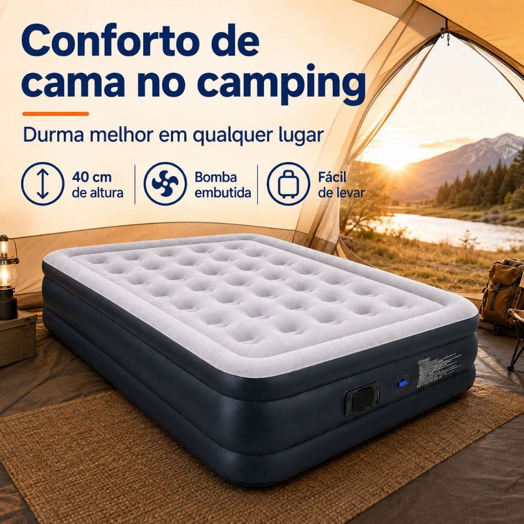 Colchão Inflável Casal 40cm com Bomba Elétrica Embutida USB Tipo-C para Camping Viagem e Casa