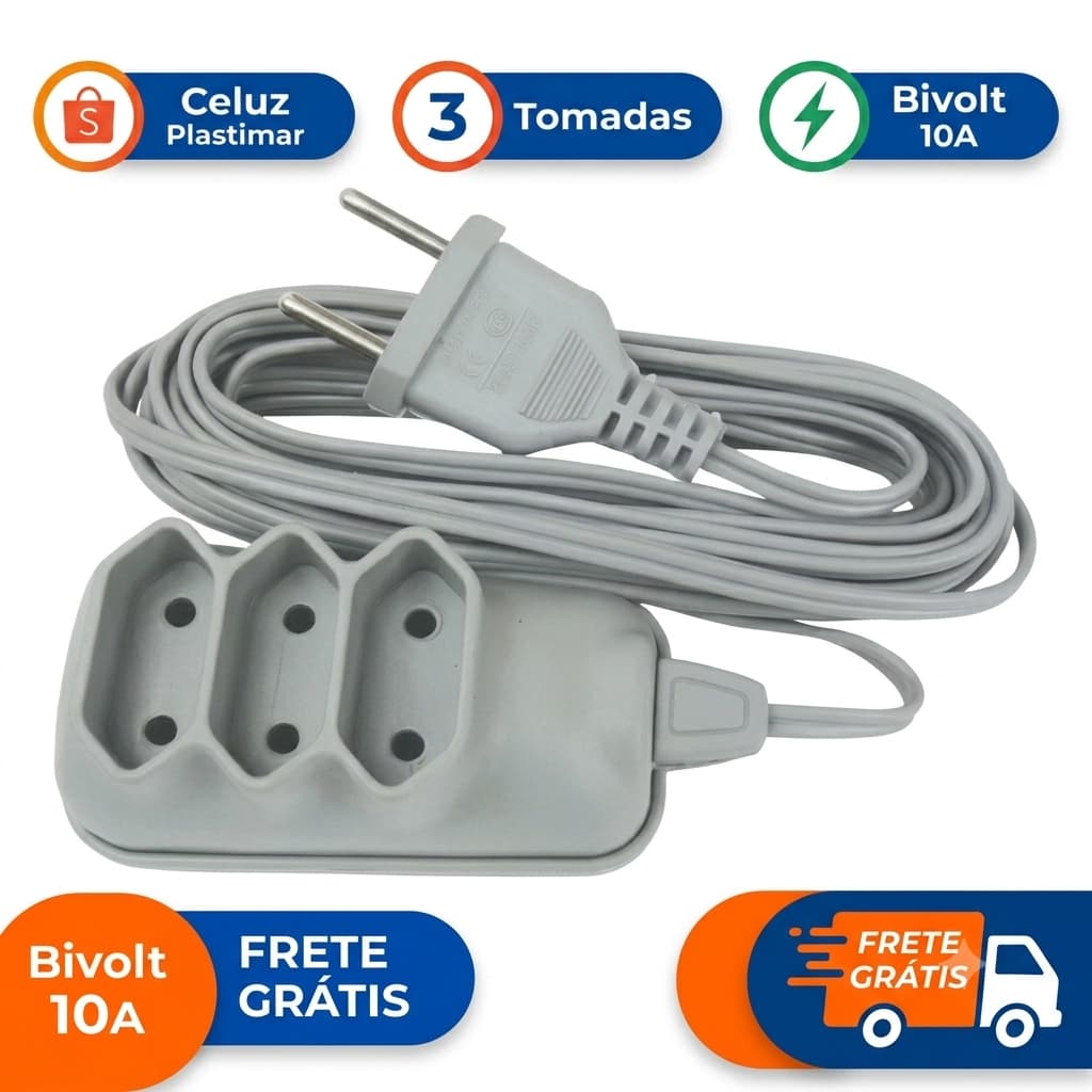 Extensão Elétrica Celuz / CABO PP / Prática 3 Tomadas