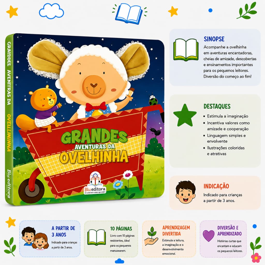 Livro Infantil Grandes Aventuras Ovelhinha Orelhas Fofinhas | Blu Editora + 3 anos