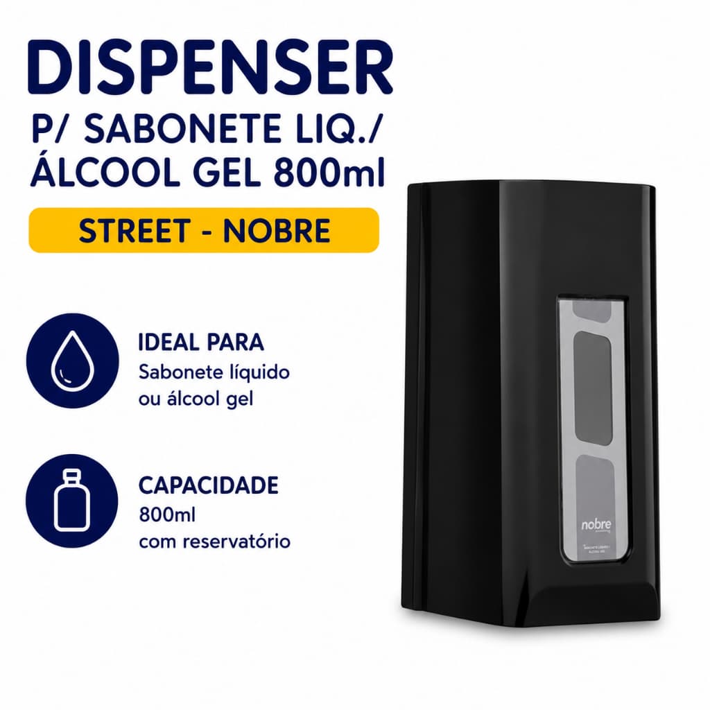 O Dispenser Saboneteira Street 800 ml Nobre foi desenvolvido para oferecer praticidade, higiene e um visual moderno para