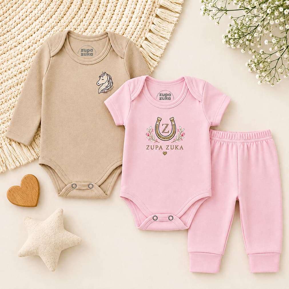 Kit Body Bebê 3 peças Mini Cowgirl , Body Manga Longa, Body Manga Curta e Calça Roupas de Bebê Conjunto Bebê Cavalinho