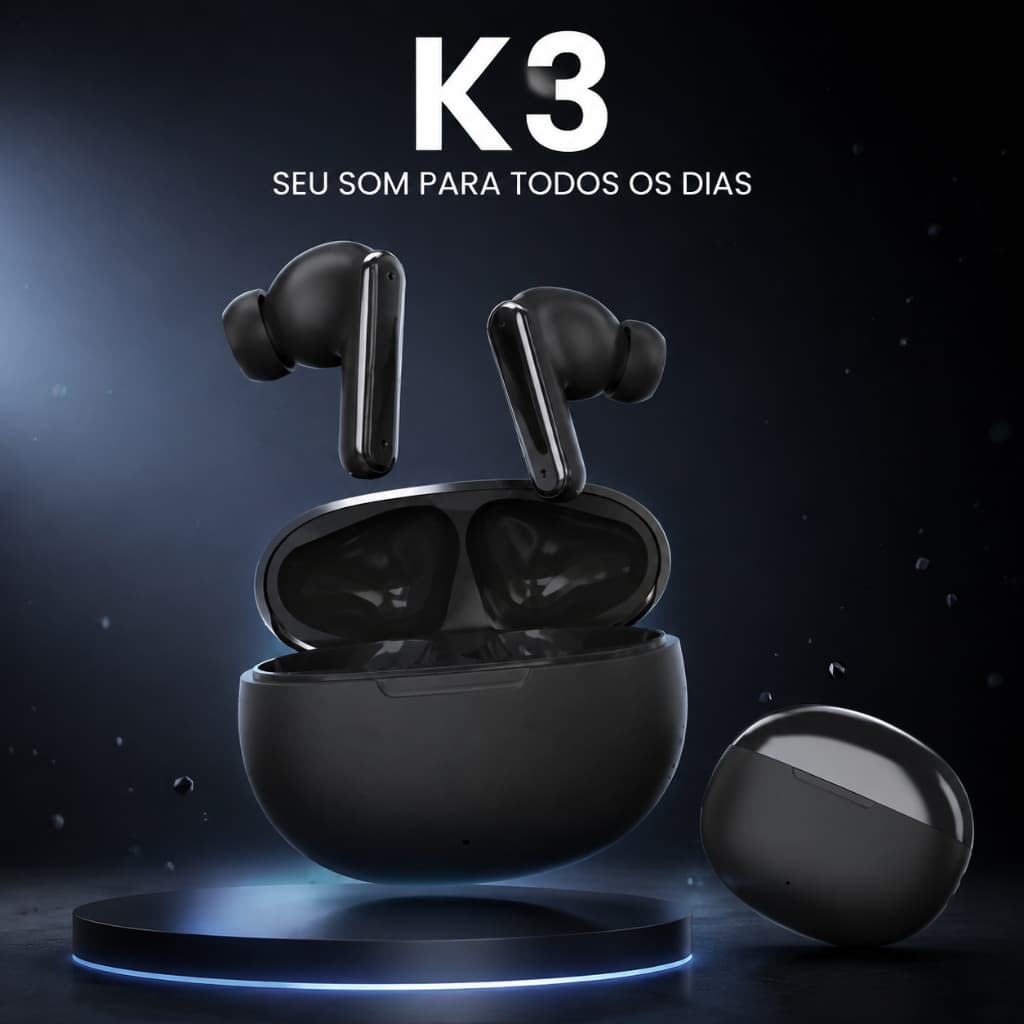 K3 Fone Bluetooth 5.4 TWS Sem Fio, Som Claro, Baixa Latência para Jogos e Até 24h com Estojo