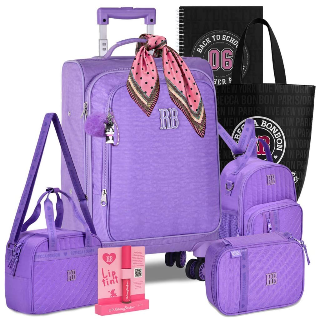 Kit Mala de Bordo Mochila RB Rebecca Bonbon Rodinha 360 Carrinho Lancheira Estojo