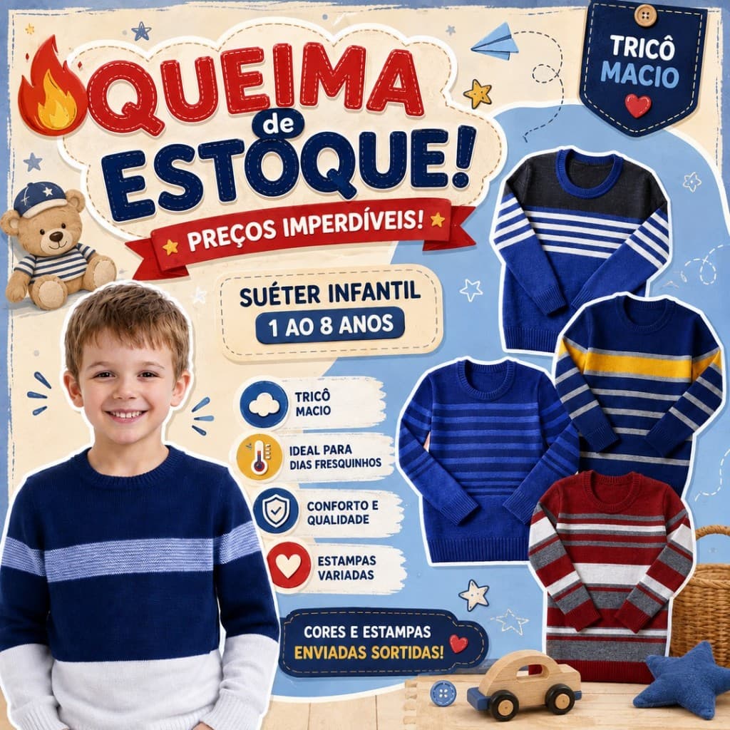 QUEIMA DE ESTOQUE Kit Suéter Infantil Masculino Blusa de Frio 1, 2 ou 3 Peças Tam 1 ao 8 Tricô Listrado