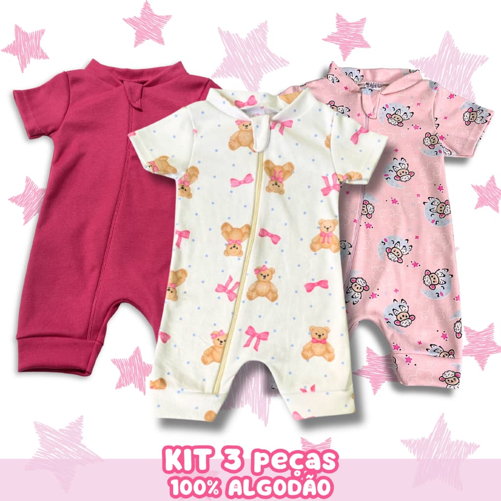 Kit 3 Macacão Verão Bebê Menina Algodão 100% Zíper Curto Passeio Confortável Malha Fresca