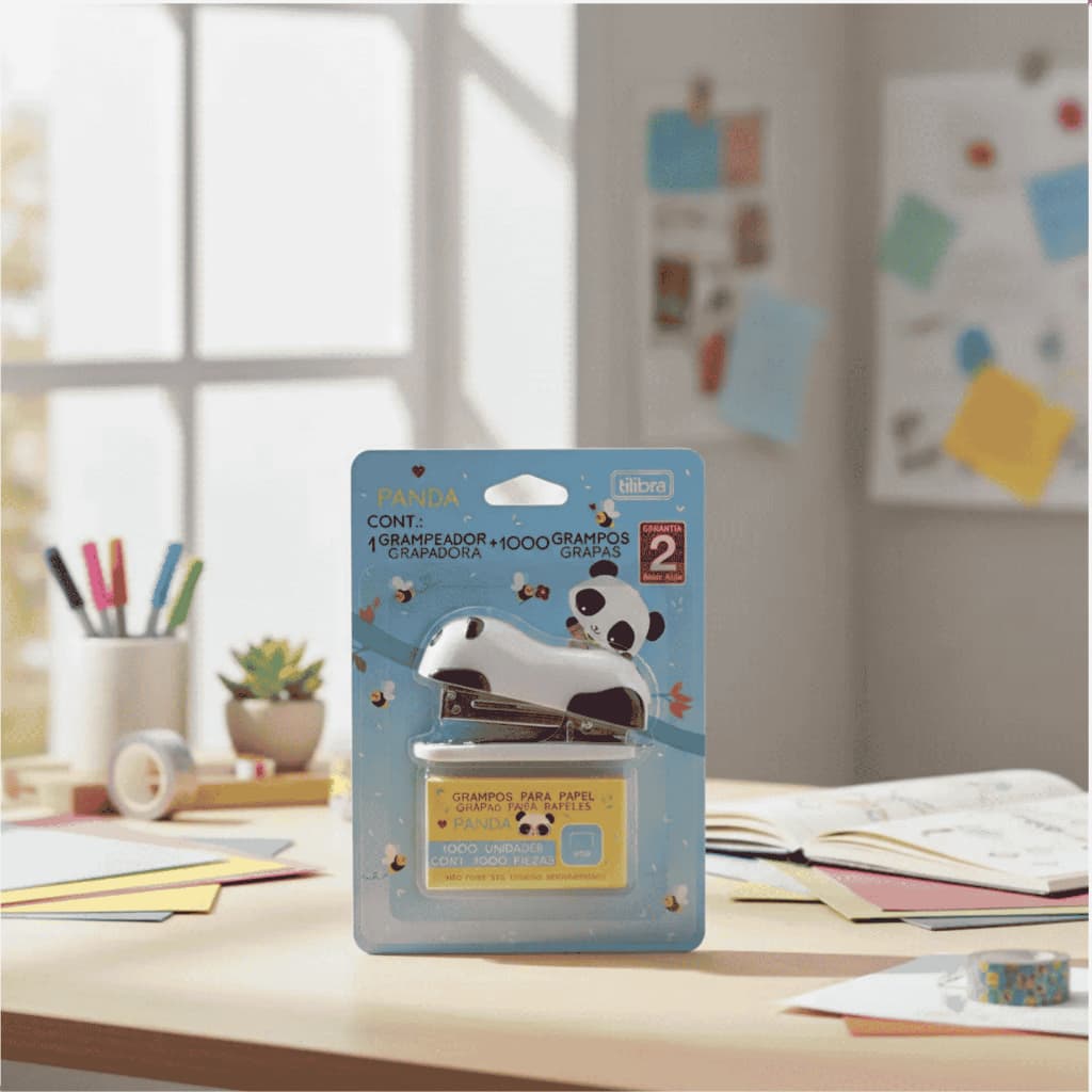 Mini Grampeador Panda + 830 Grampos 12 Folhas