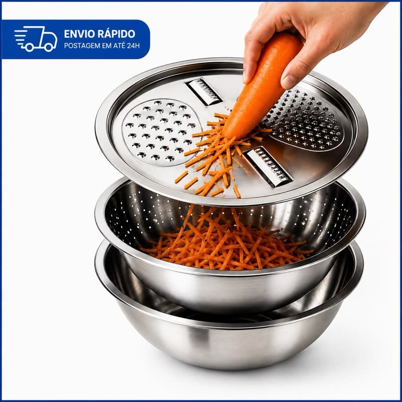 Tigela 3 em 1 Ralador Fatiador Escorredor Inox Bacia Legumes Queijo Manual Cozininha Prática