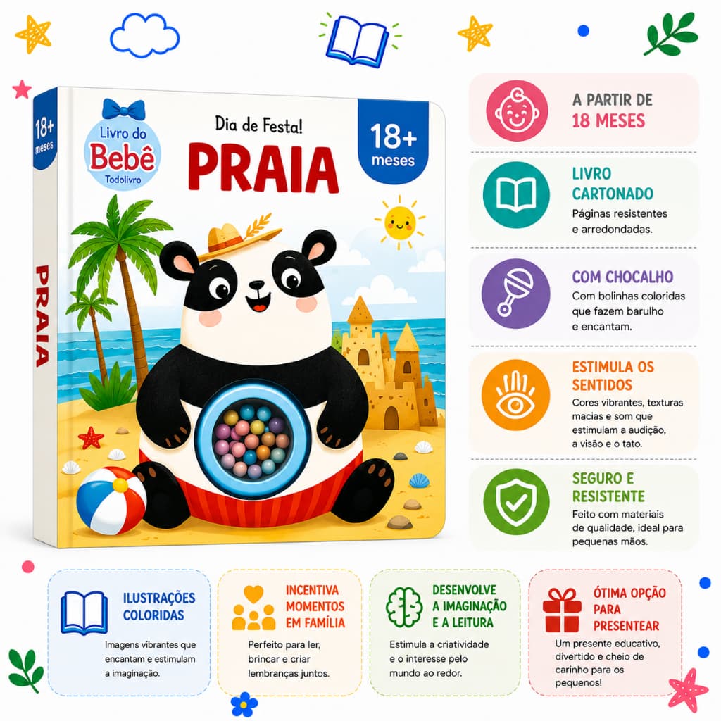 Livro do Bebê Dia de Festa Praia com Chocalho | Livro Sensorial Cartonado | Todolivro | 18+ Meses