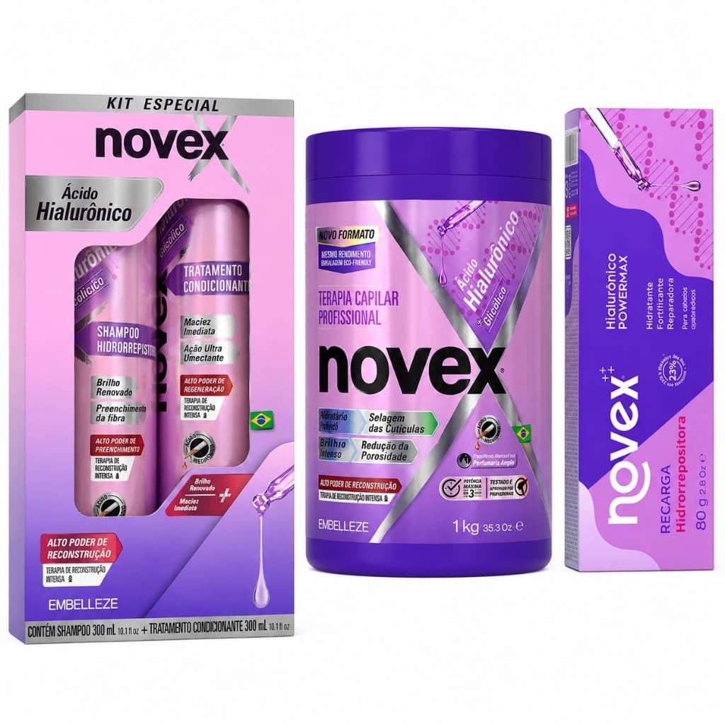 Shampoo 300ml e Condicionador 300ml e Creme Tratamento 1Kg e Recarga Reparadora 80g Vitay Novex Hialurônico
