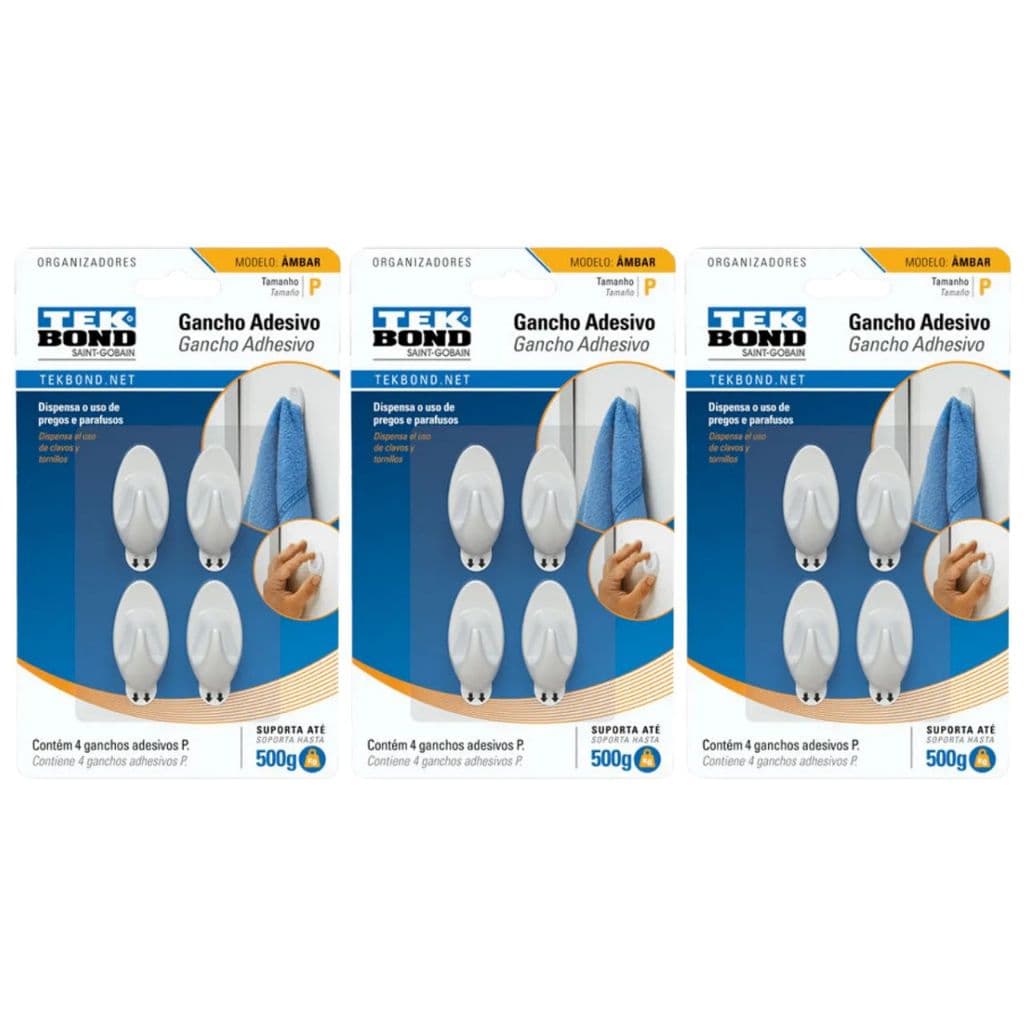Kit 3 Ganchos Adesivos Tekbond Âmbar Branco Plástico P