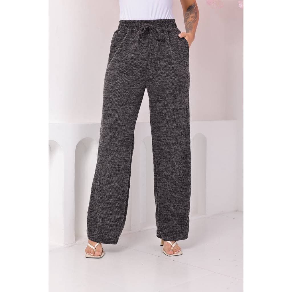 Calça feminina cintura alta tecido rib semelhante a lã com cordão e bolsos confortável