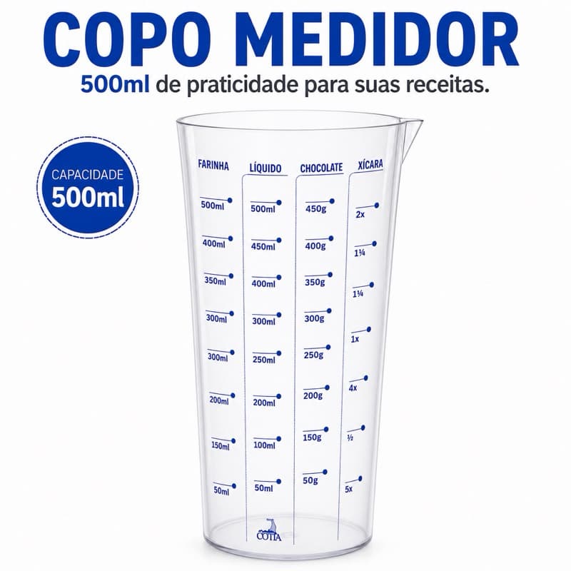 Copo Medidor de Plástico 500ml Transparente com Marcações para Líquidos, Farinha, Chocolate e Xícara