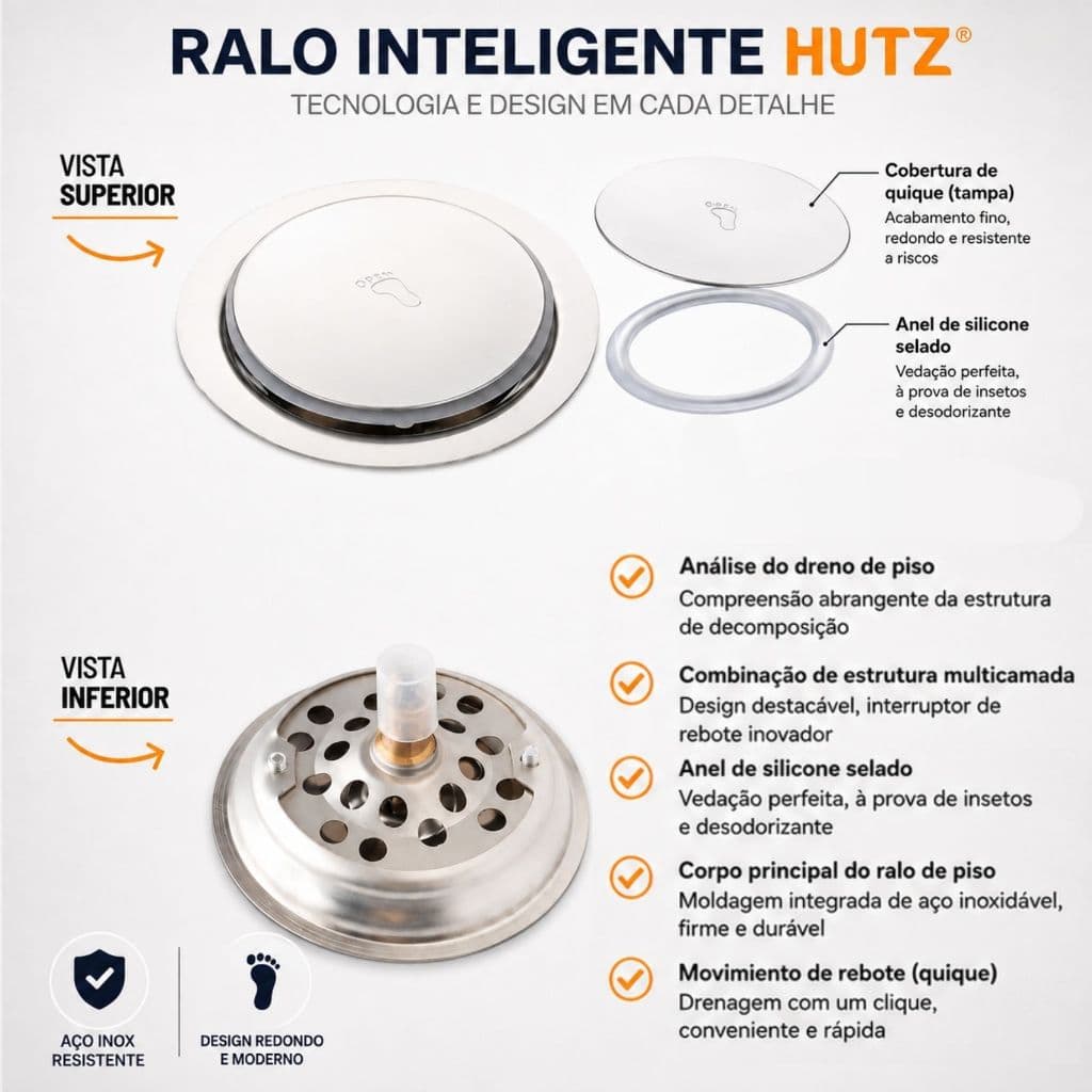 Ralo Click Inteligente Hutz Inox 15x15cm Anti Odor Invisível Banheiro