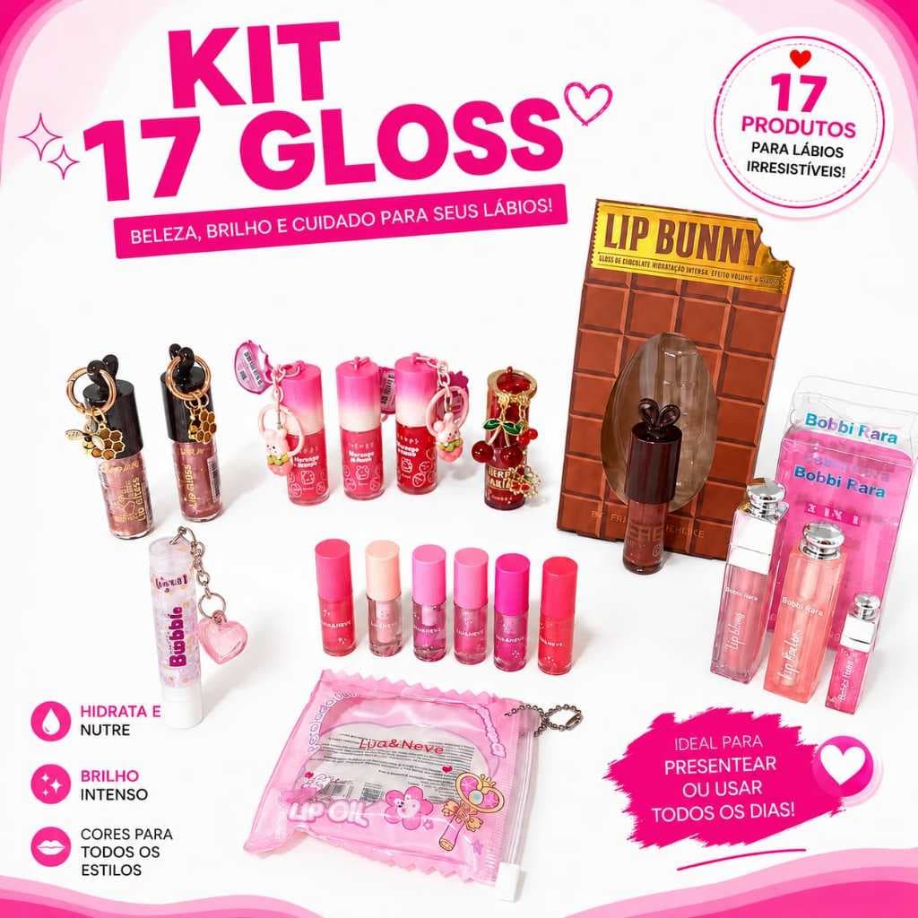 Kit 17 Gloss Brilho Labial com Glitter Hidratante Líquido Cores Variadas Lembrancinha Festa Presente Atacado