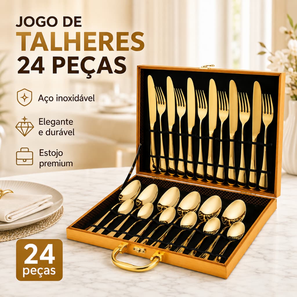 Kit Faqueiro Talheres Com Maleta 24 Peças Em Inox C/ Dourado